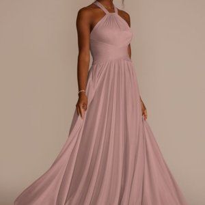 David's Bridal Mesh High-Neck Bridesmaid Dress in BISCOTTI